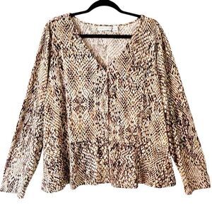 Susan Graver XL liquid knit snake print v-neck peplum button front neutral blous